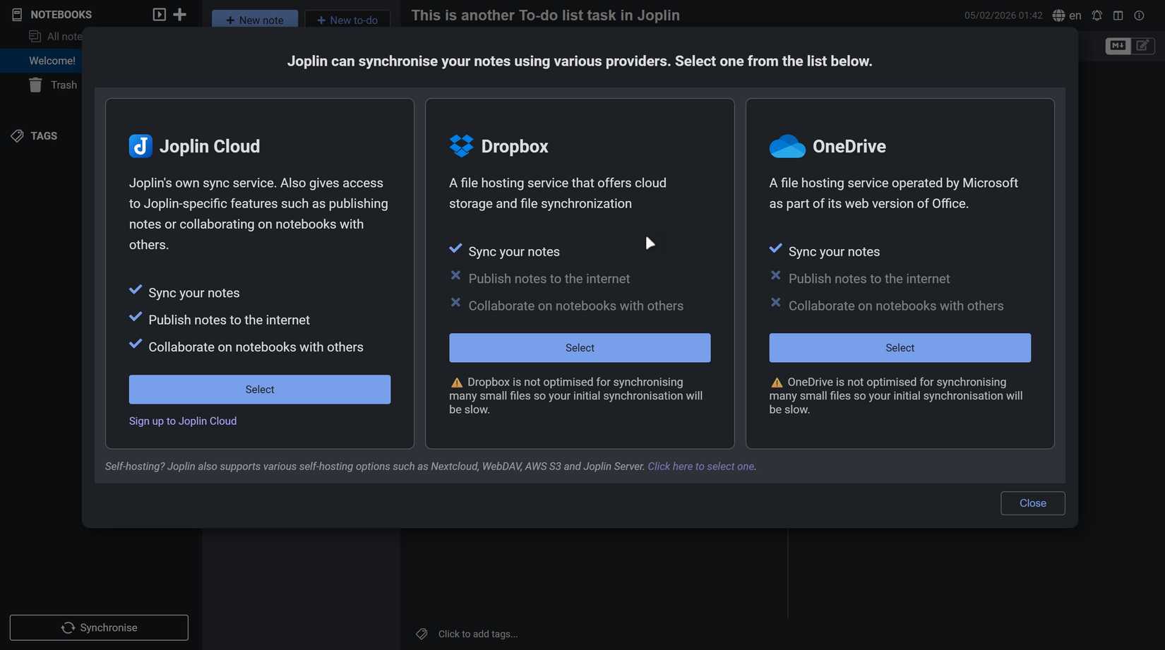 Proveedores de sincronización joplin.