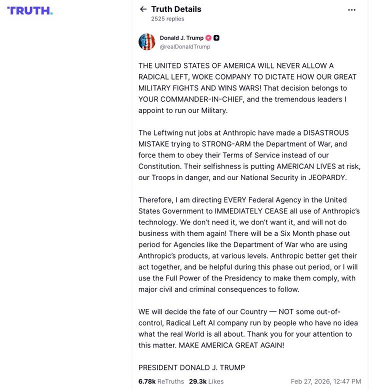 La publicación Truth Social del presidente Trump