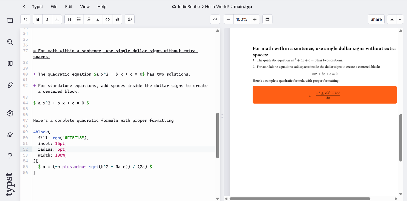 Inserting math equations in Typst.