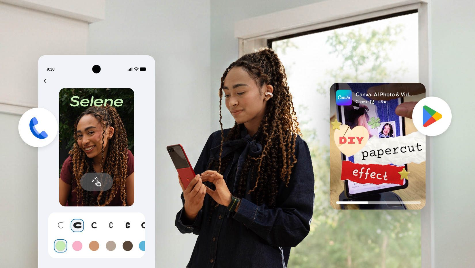 Person using an Android phone with new features illustrated