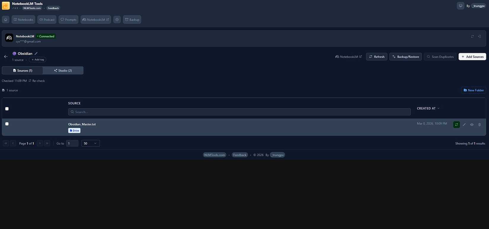 A notebook's sources in the NLM tools extension