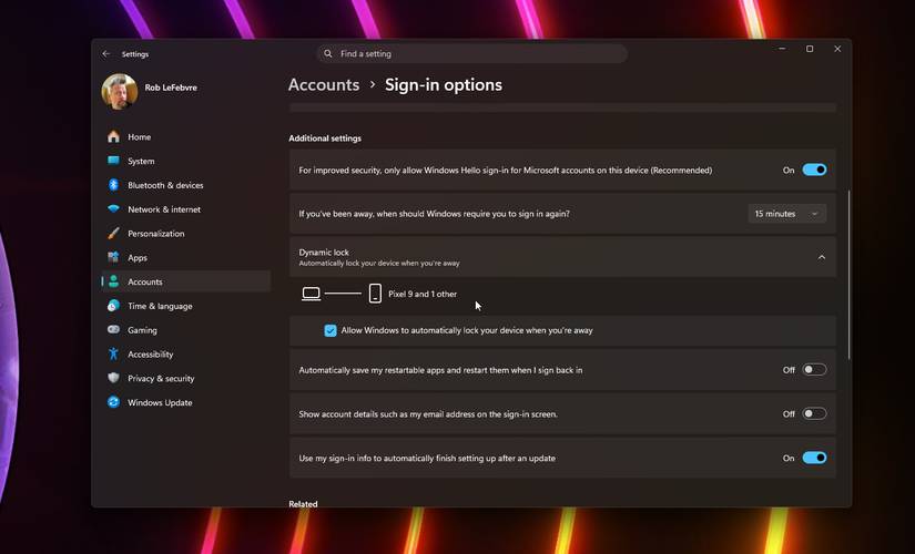 Dynamic Lock preference screen