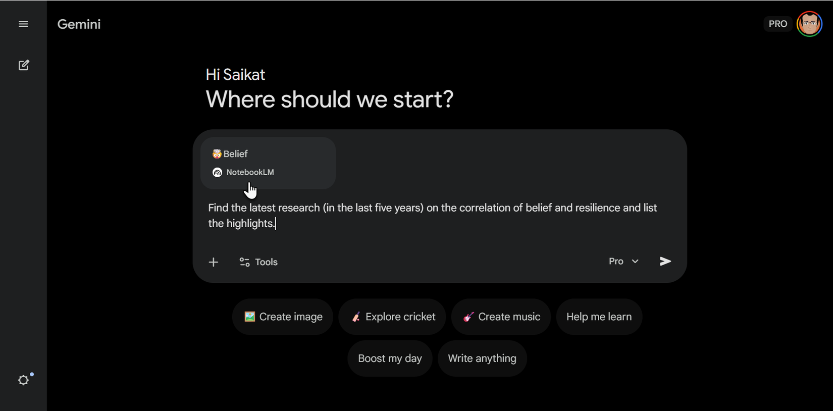 Continuing NotebookLM Research in Gemini.