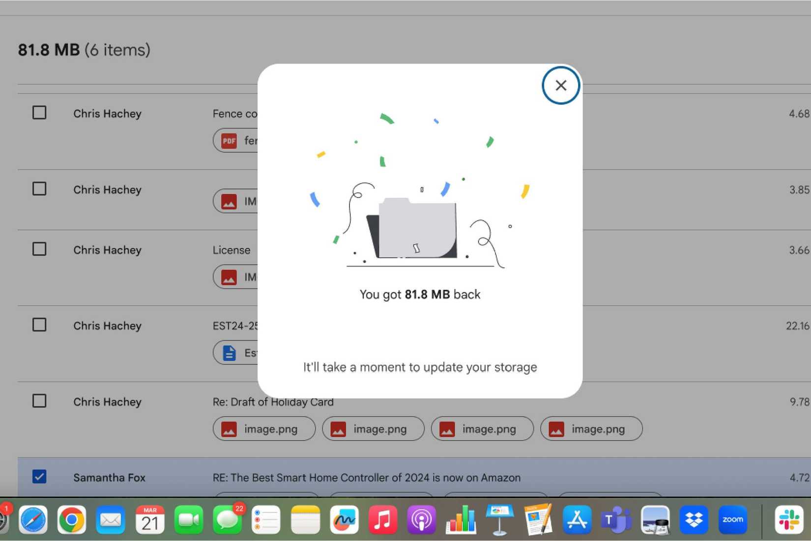 Deleting files in Google One and seeing how much storage is back