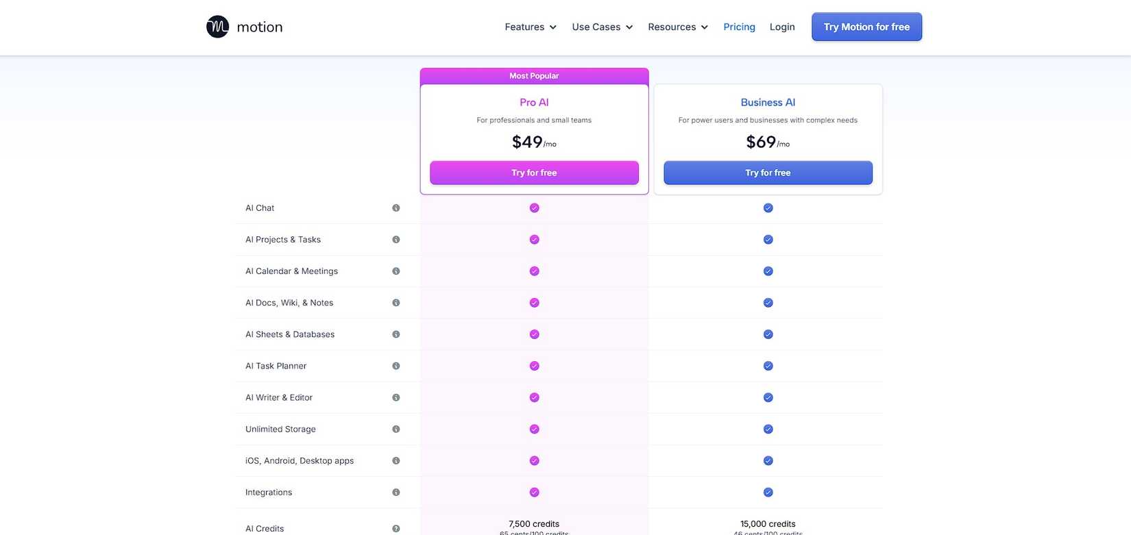 Motion AI pricing page