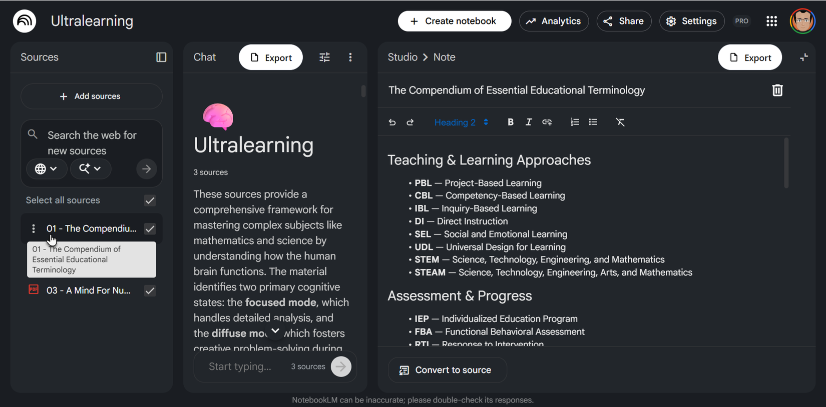 Una lista de acrónimos notados como fuente en NotebookLM.