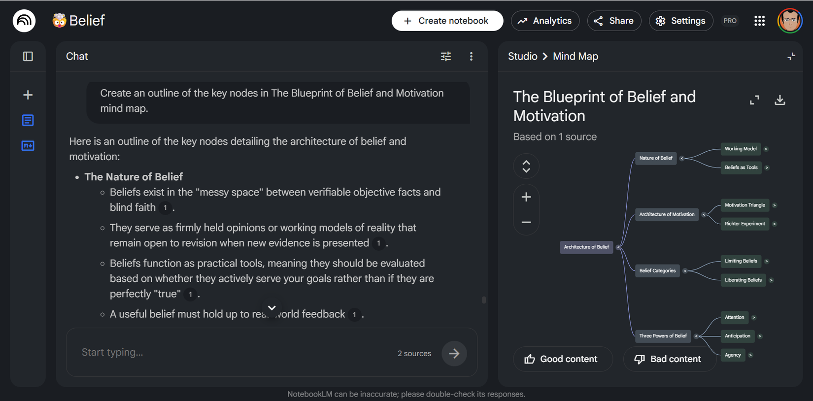Outline of mind map nodes in NotebookLM.