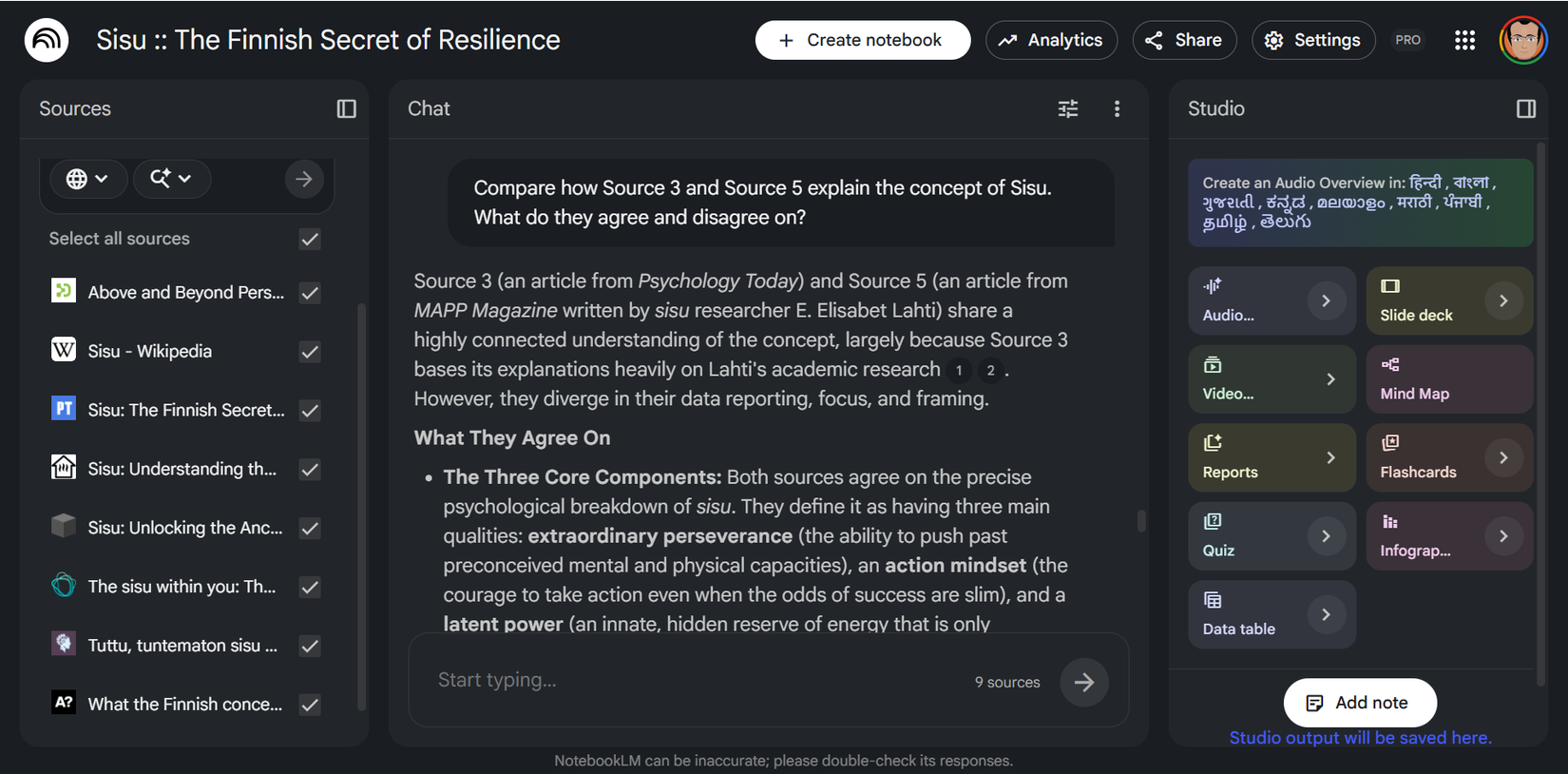 NotebookLM sSource の比較(プロンプト付き)。