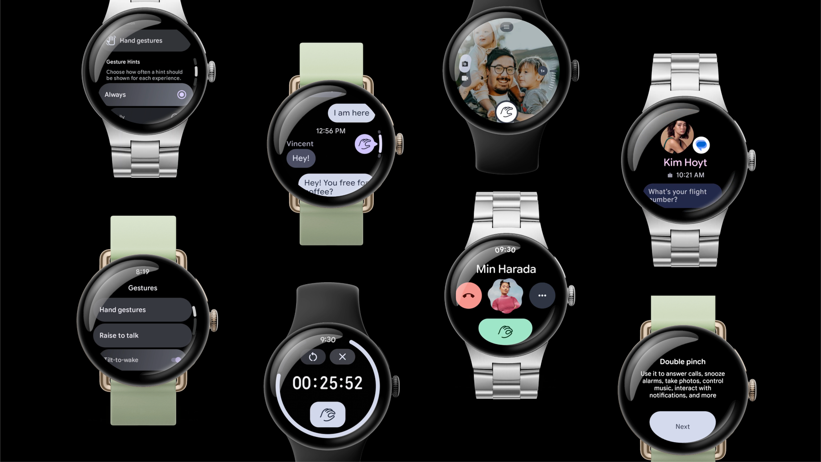 Various Pixel Watch faces showing gestures
