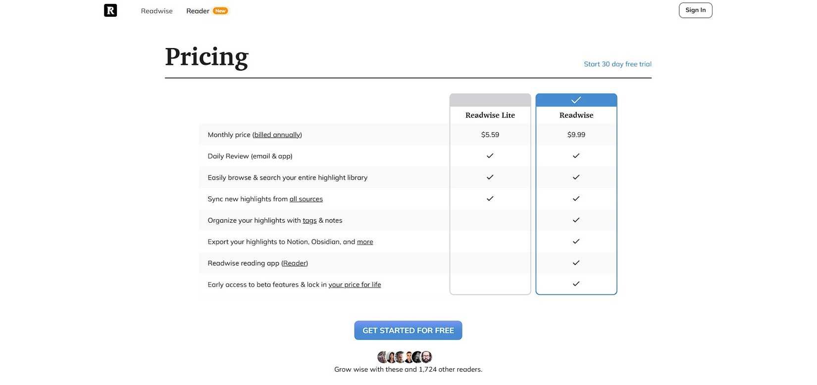 Readwise pricing page