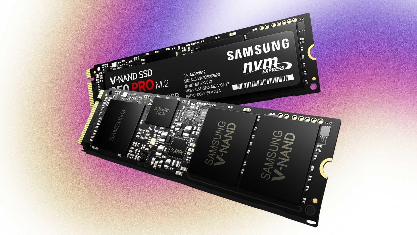 Samsung V-NAND Pro M.2 NVMe SSD que muestra chips NAND y controlador en PCB
