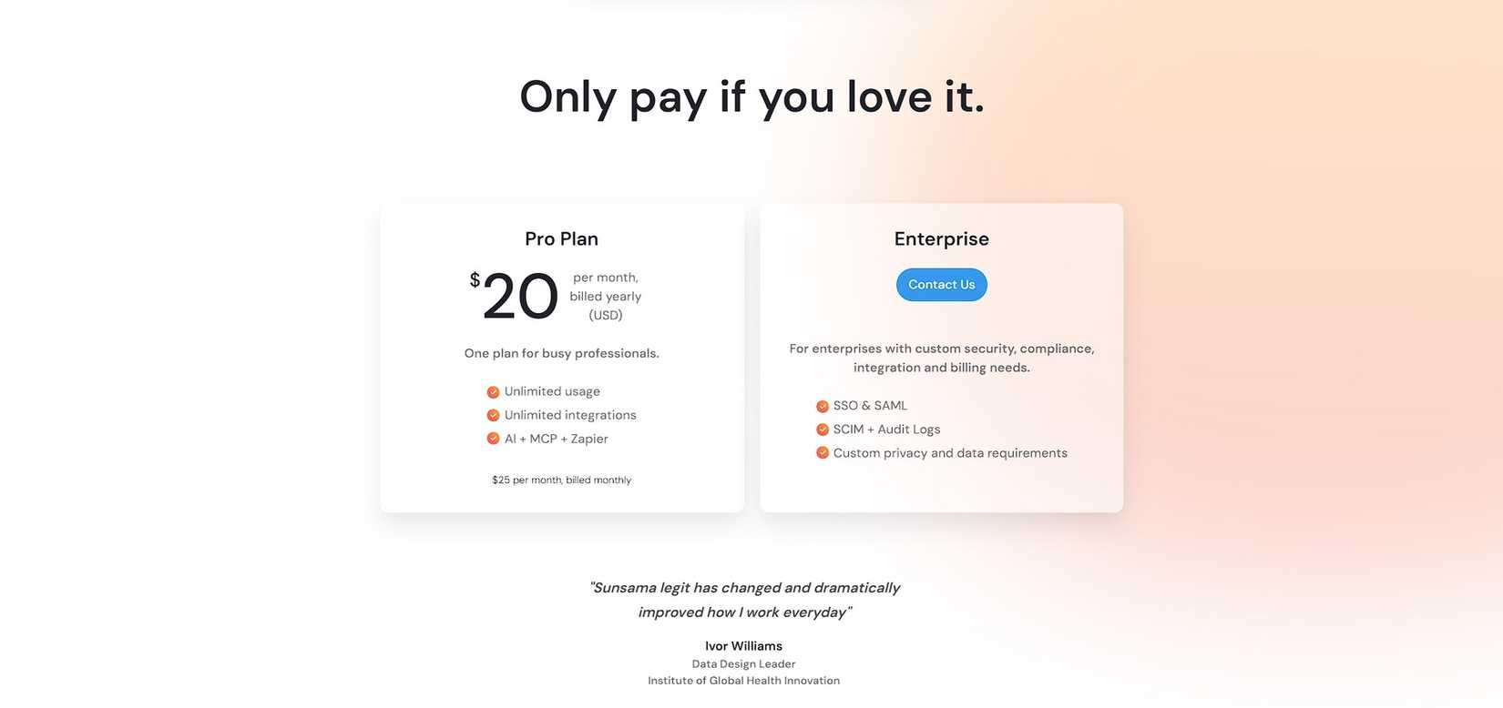 Sunsama AI pricing page
