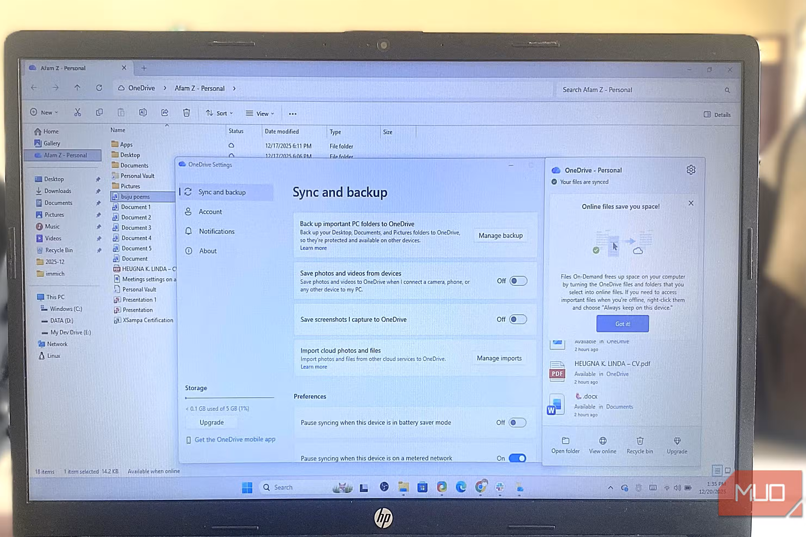 using onedrive for backups