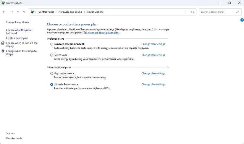 Windows 11 power plans in the control panel showing the Ultimate Performance plan 