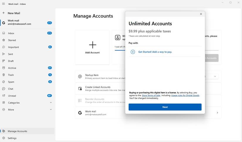 Wino Mail Unlimited Accounts payment screen