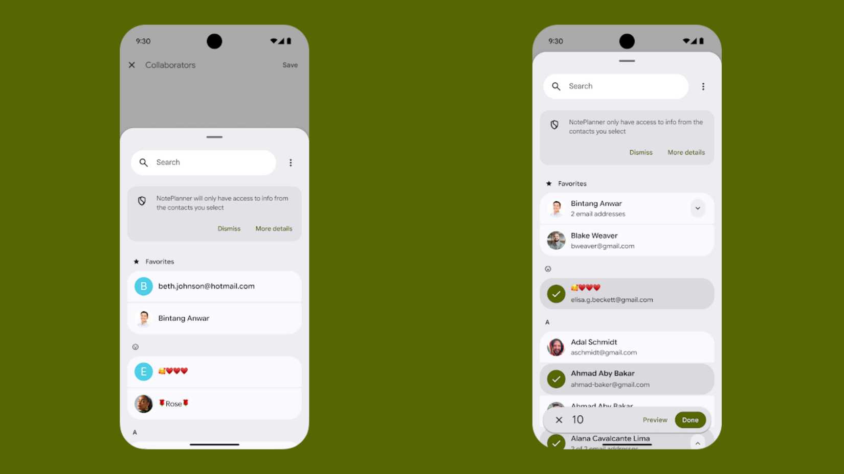 Android 17の連絡先ピッカーで連絡先を選択する様子