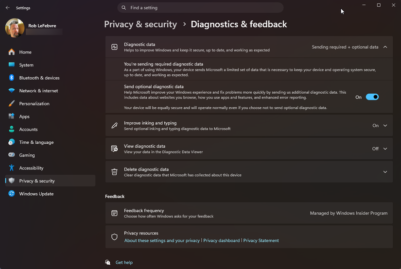 diagnostics and feedback settings