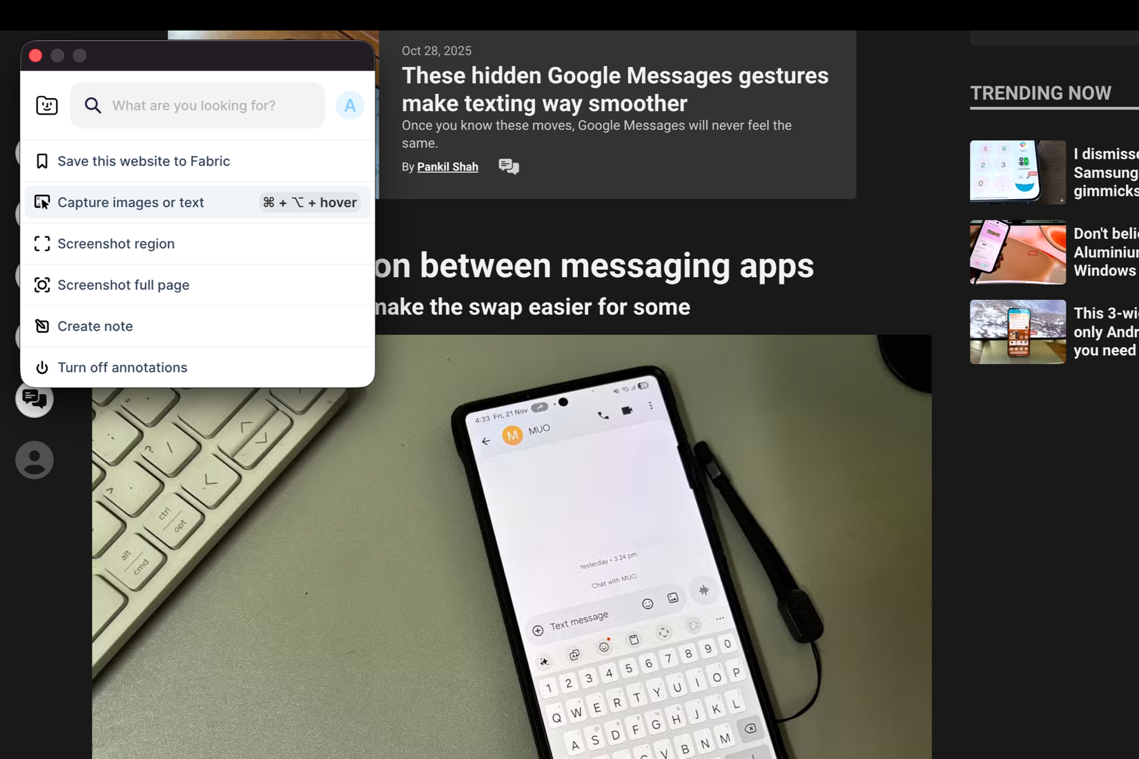 the Fabric browser extension showing options to add content