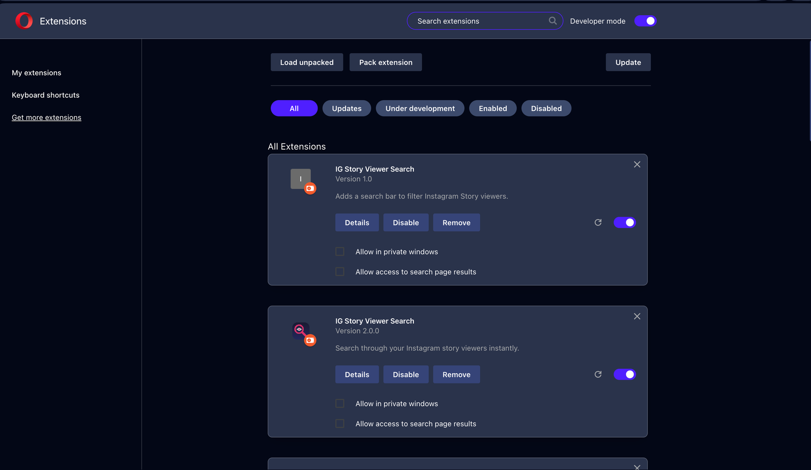 firefox extensions page showing story viewer search extensions with enable disable and remove options