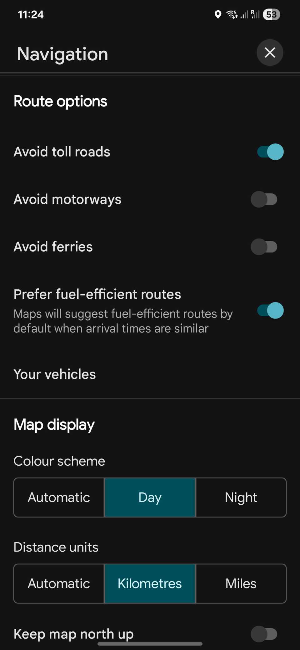 Googleマップのルートオプション設定画面