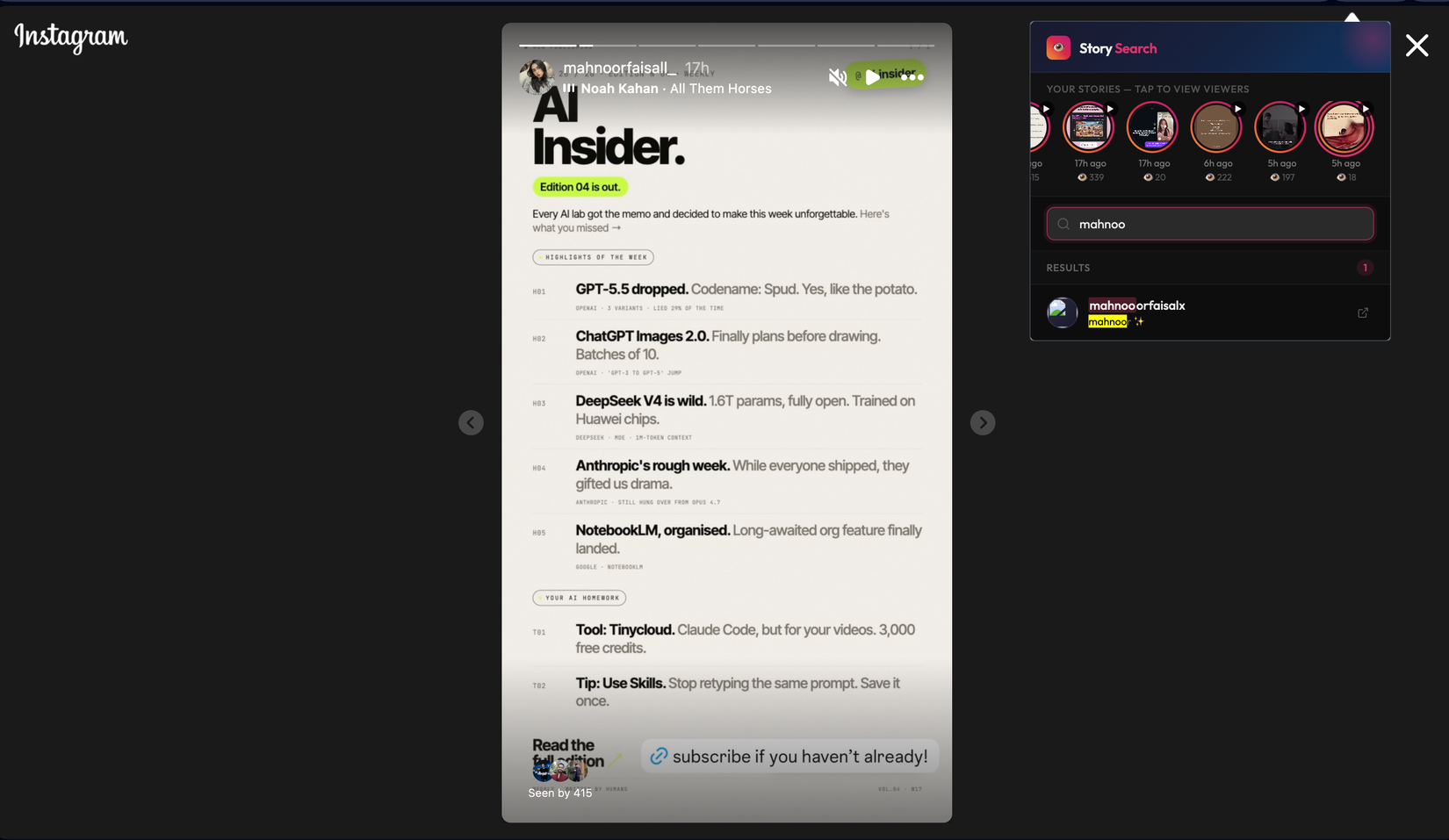 instagram ai insider newsletter post displayed on mobile screen showing tech news and updates