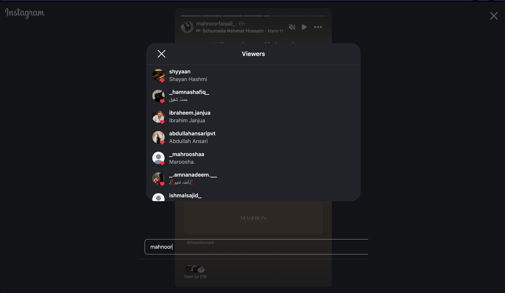 instagram viewers list popup showing profile names and avatars in dark theme