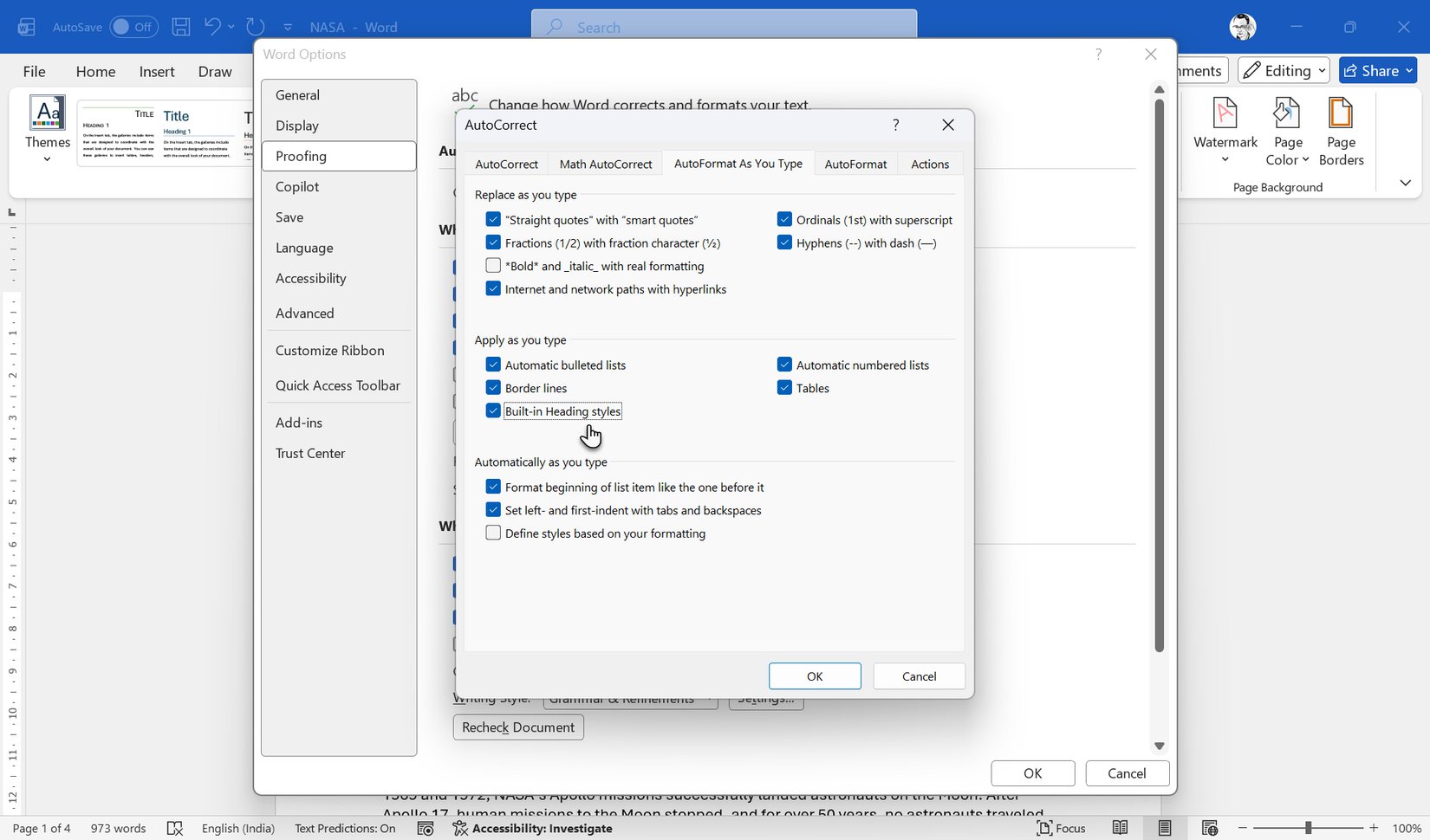 Microsoft Word Autocorrect Options