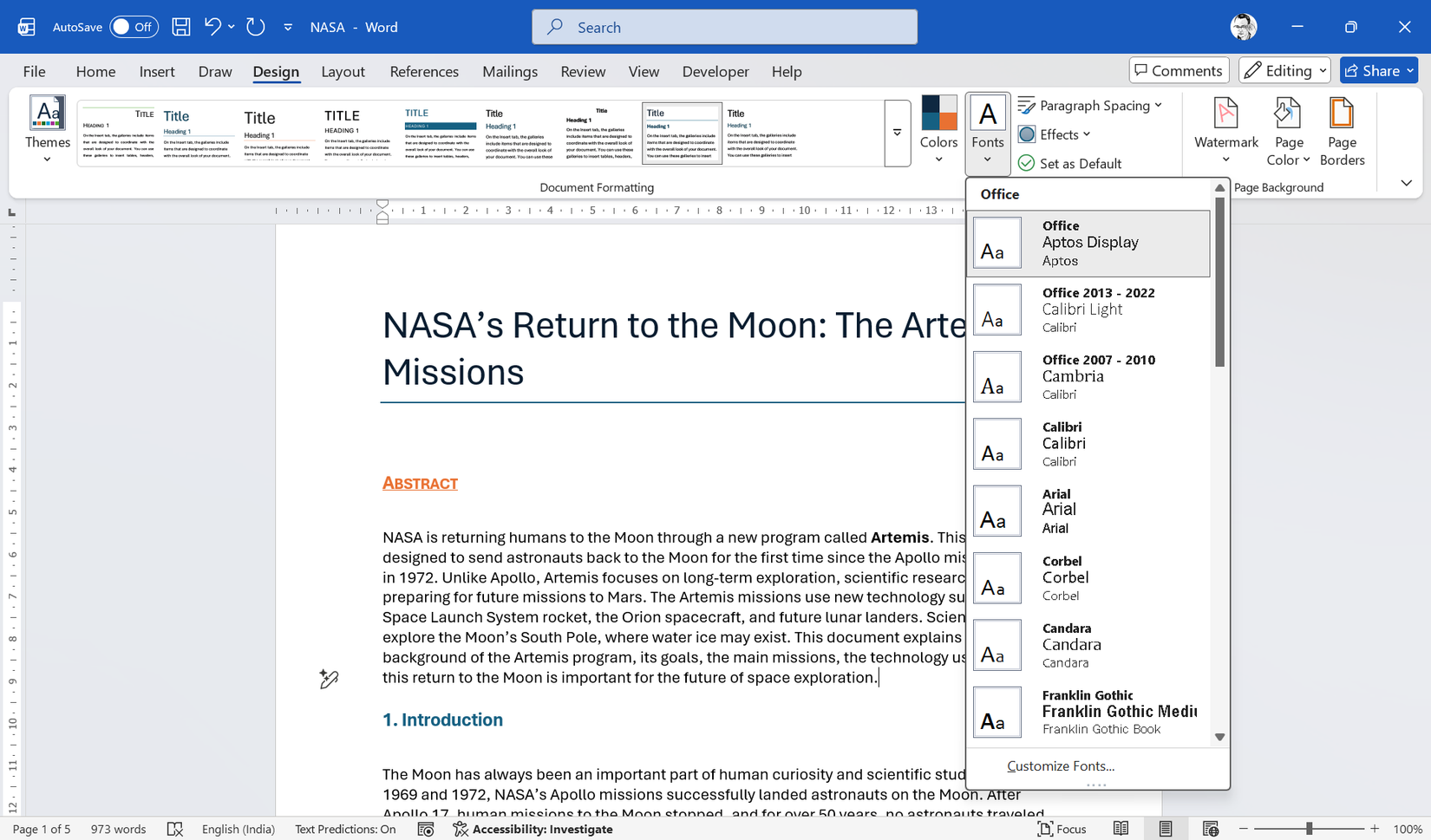 Microsoft Word and the Fonts in the Design tab.