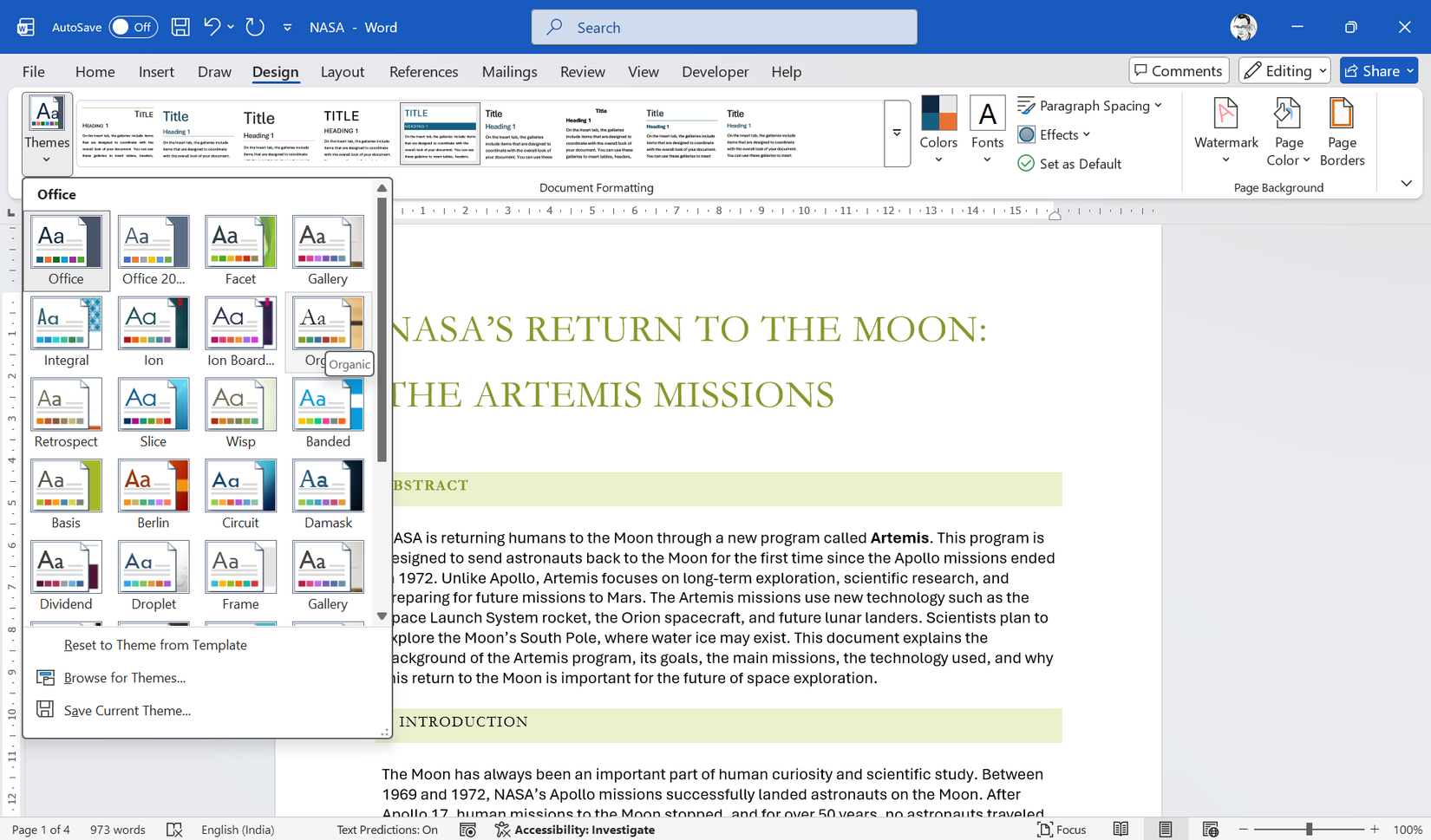Microsoft Wordのテーマ選択画面