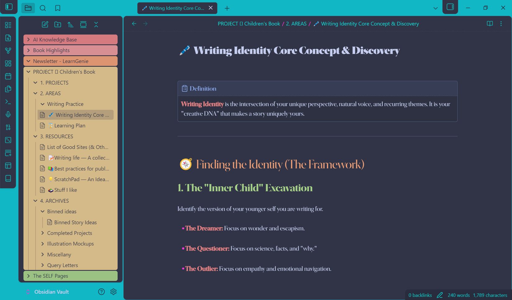 A PARA System set up in Obsidian