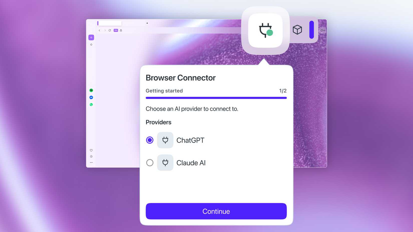 A shot of the Browser Connector feature offering a choice of ChatGPT or Claude.