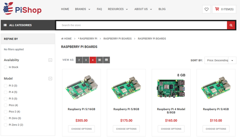 Raspberry Pi prices on the PiShop website