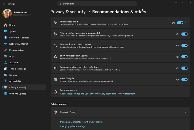 recommendations and offers settings