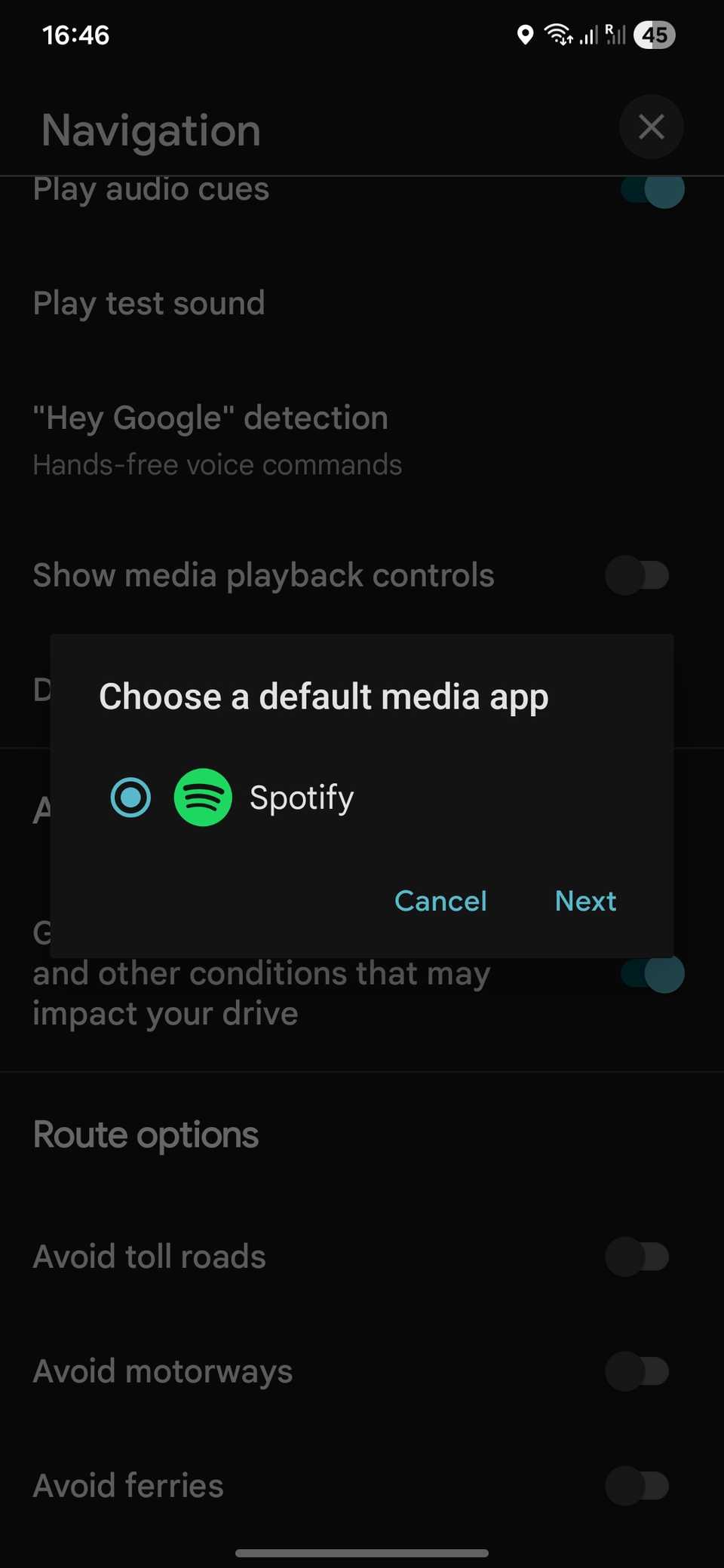 GoogleマップでSpotifyのメディアコントロールを選択する画面