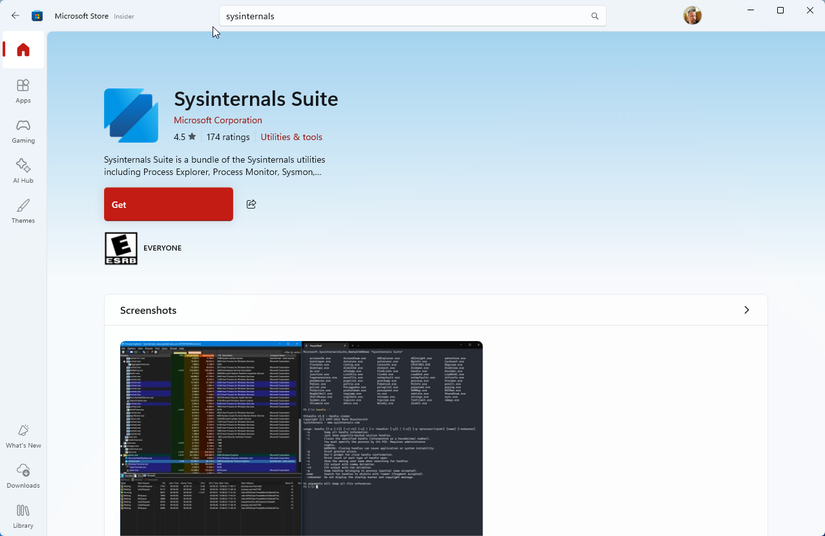 Sysinternals page in Microsoft Store