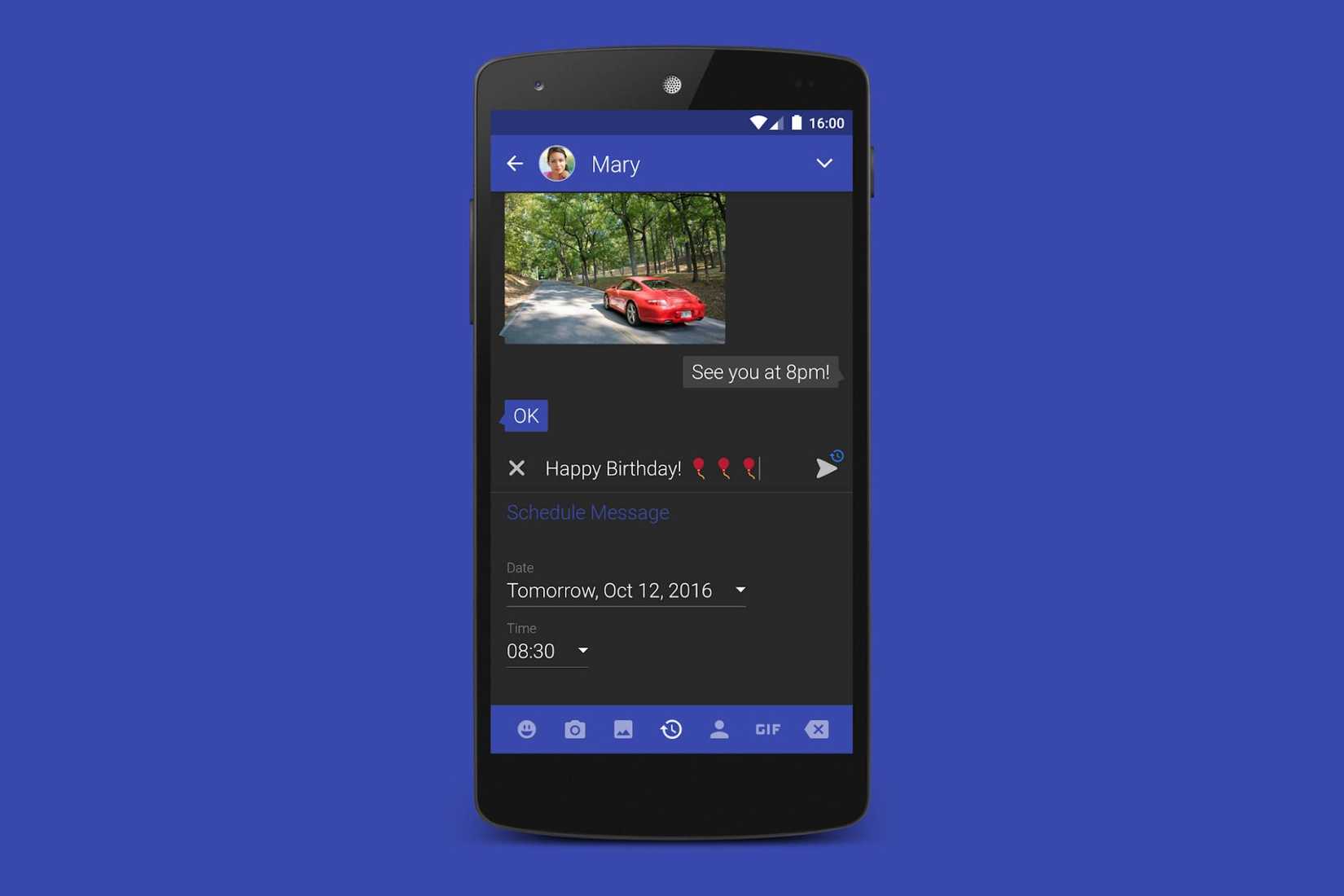 Textra SMS app open on a blue background showing customized appearance