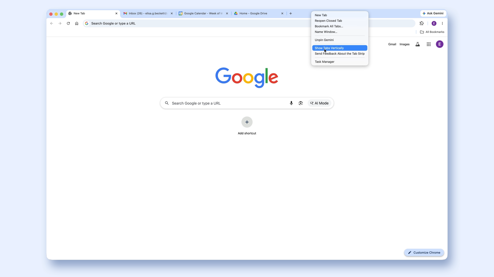 turning on vertical tabs in Google Chrome browser