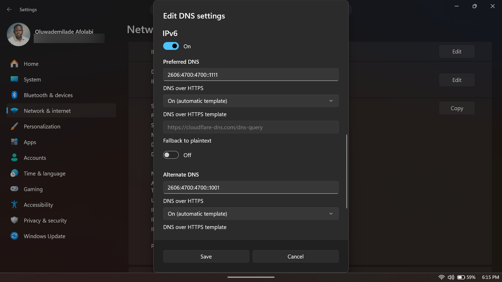 Windows 11 Edit DNS settings pop-up showing IPv6 configured with Cloudflare DNS.
