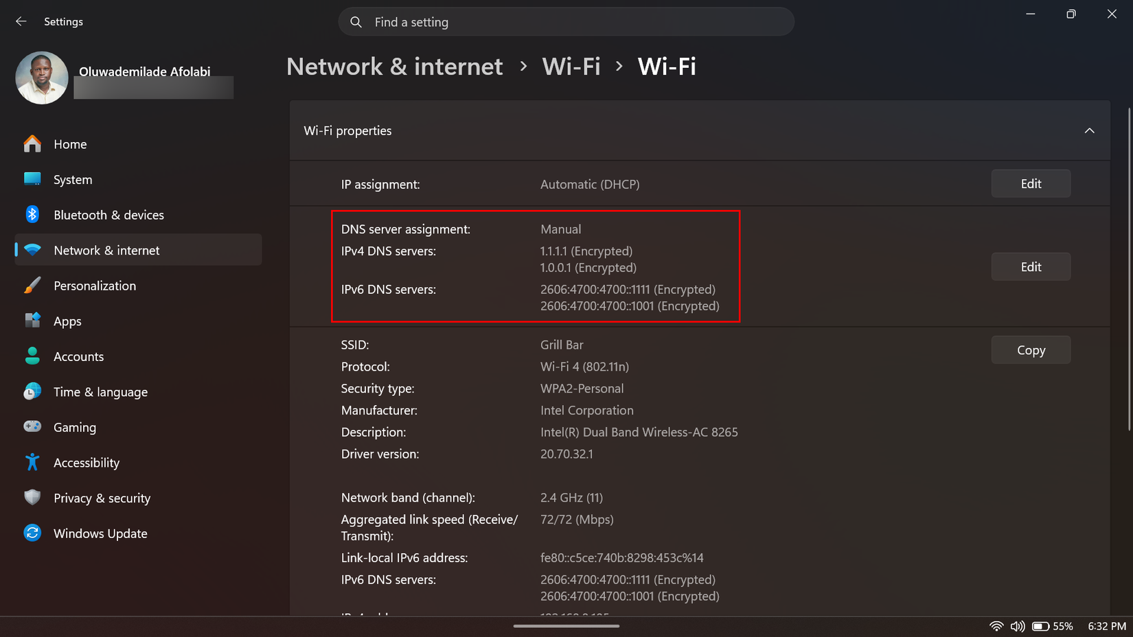 Windows 11 Wi-Fi properties highlighting manually assigned IPv4 and IPv6 DNS servers.
