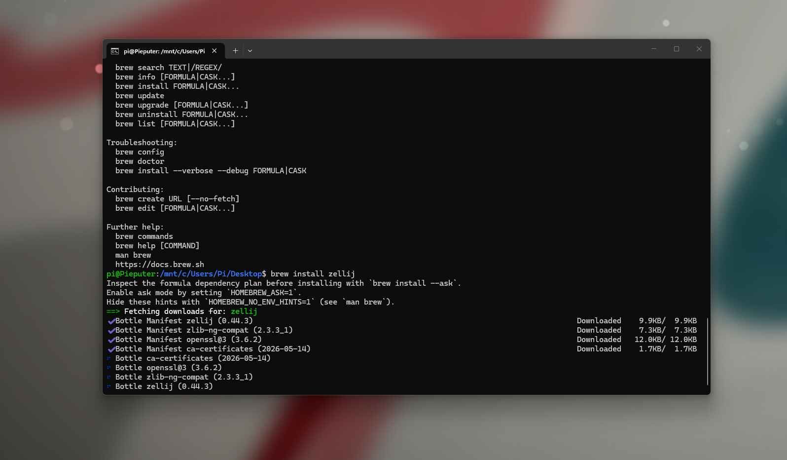 A terminal downloading and installing Zellij through Homebrew