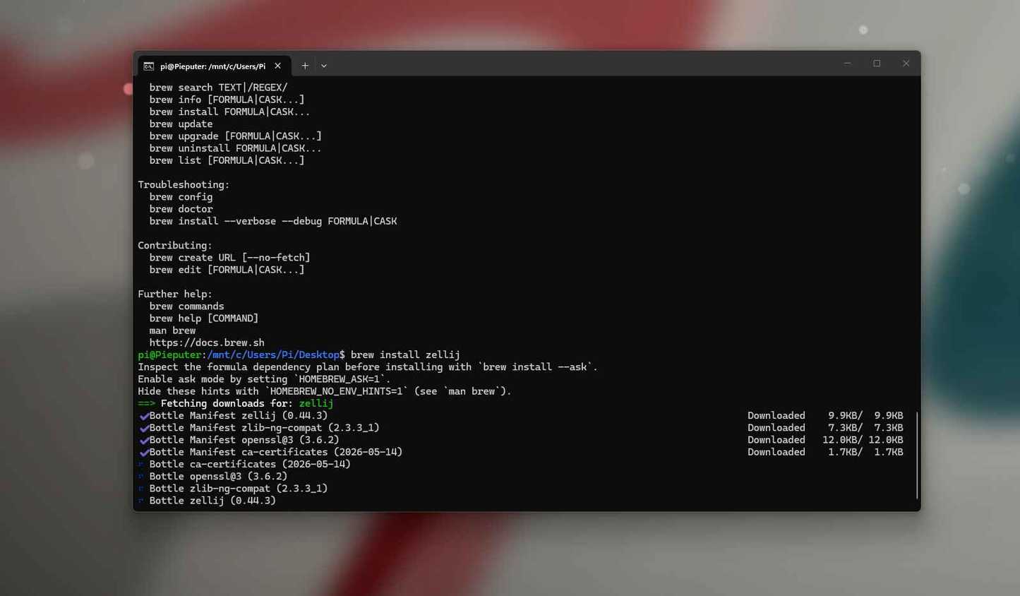 A terminal downloading and installing Zellij through Homebrew