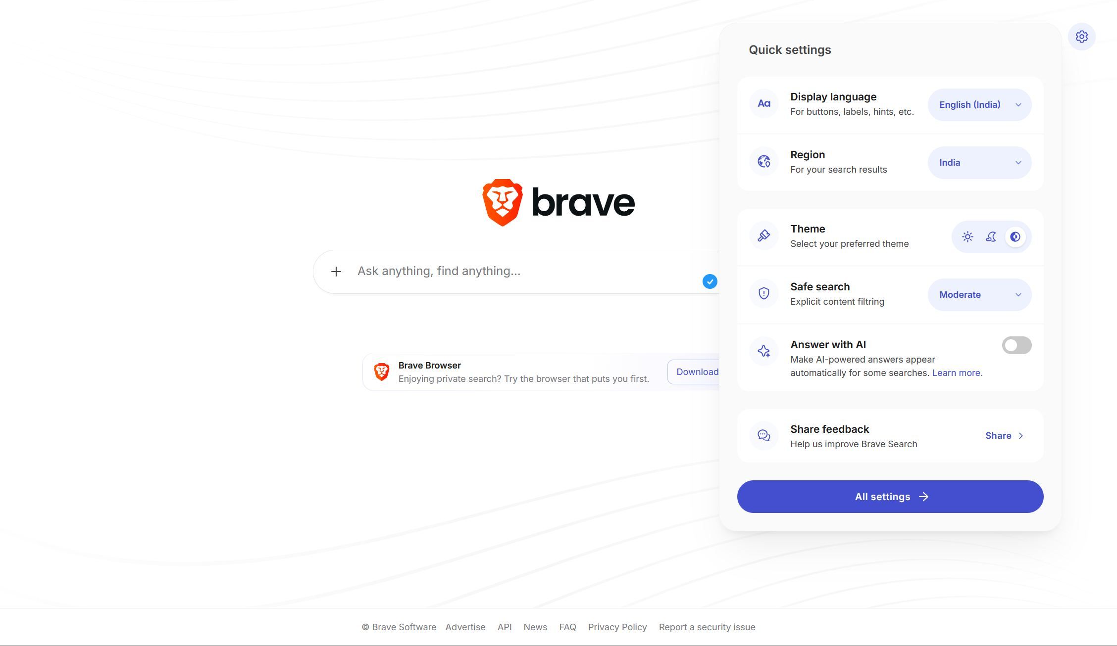 Brave Search settings page