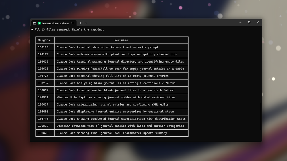 Claude Code generating names for photos based on their visual content