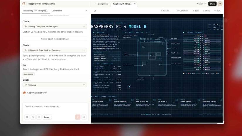 Claude Design generating Raspberry Pi 4 Model B infographic with agent steps panel