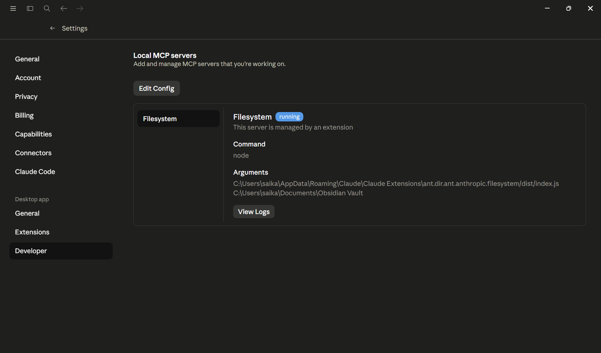 The Developer settings screen in Claude Desktop with the Edit Config button highlighted.