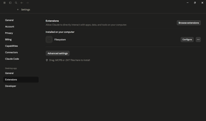 The Extensions screen in Claude Desktop showing the Filesystem extension switched on.