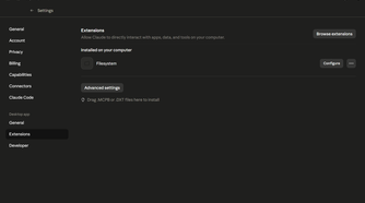 The Extensions screen in Claude Desktop showing the Filesystem extension switched on.