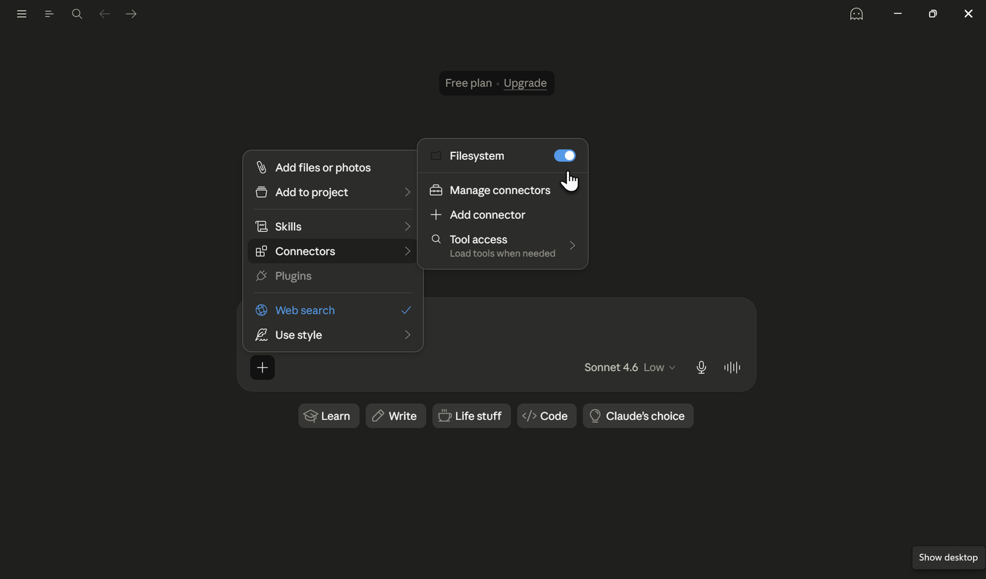Claude Desktop chat window showing the plug icon confirming the Filesystem MCP server is successfully connected.