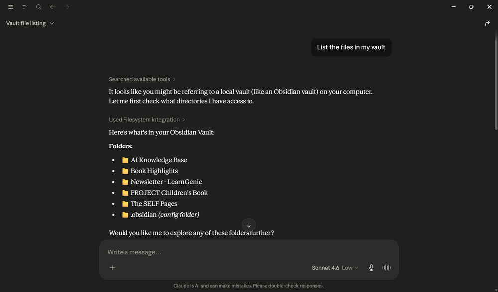 Claude Desktop reading files directly from an Obsidian vault through the Filesystem MCP extension