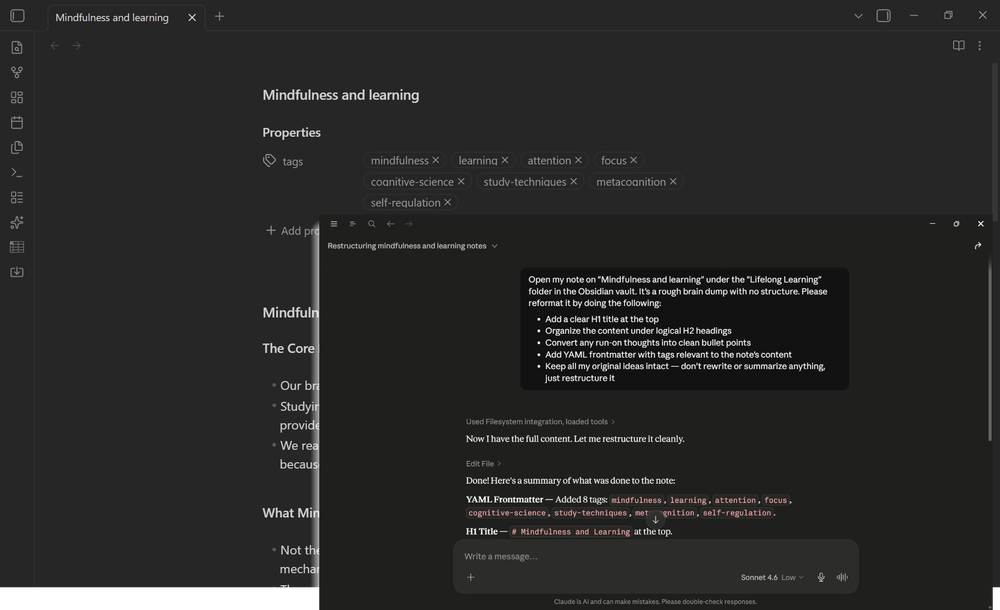 Claude reformatting note markdown for consistency across a vault